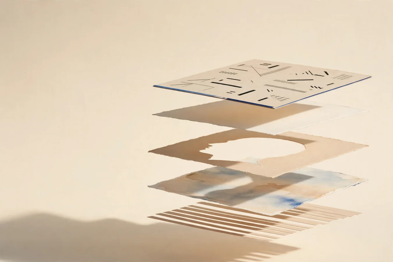 AI-generated illustration: A printed poster split into separate paper layers — subject, background and decoration — hovering with visible gaps over a cream studio surface.