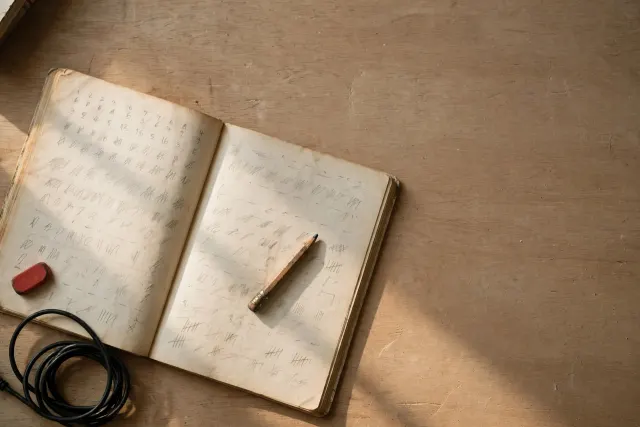 Illustrasjon: en slitt blyant nedskrevet til en stubbe på en arbok med pennestrekar, mens en urørt svart strømkabel ligger sammenrullet og frakoblet i kanten av pulten.