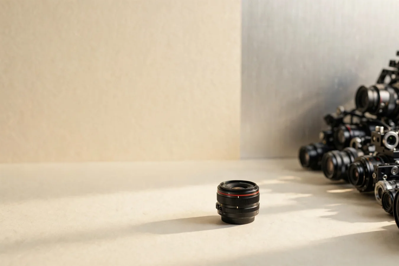 Illustration: a single ordinary camera lens stands alone in sharp light on a pale surface, while a blurred cluster of depth sensors and multi-camera rigs lies pushed aside at the edge of the frame.