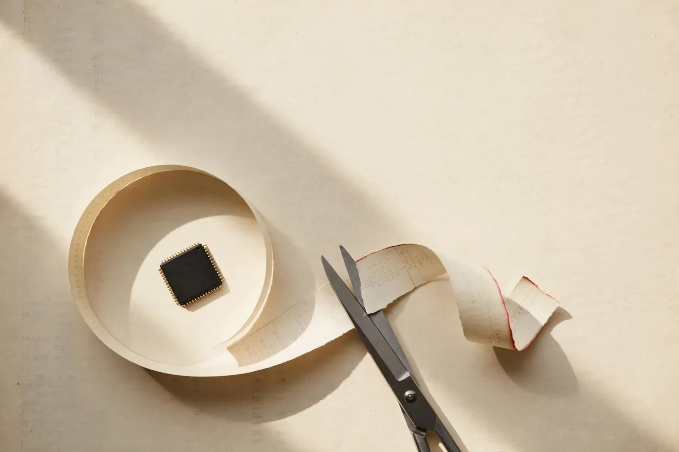 AI-generated illustration: a circle of paper printed with faint numbers encircling a black microchip, cut open mid-loop by a pair of scissors, symbolizing a financing loop halted from within.
