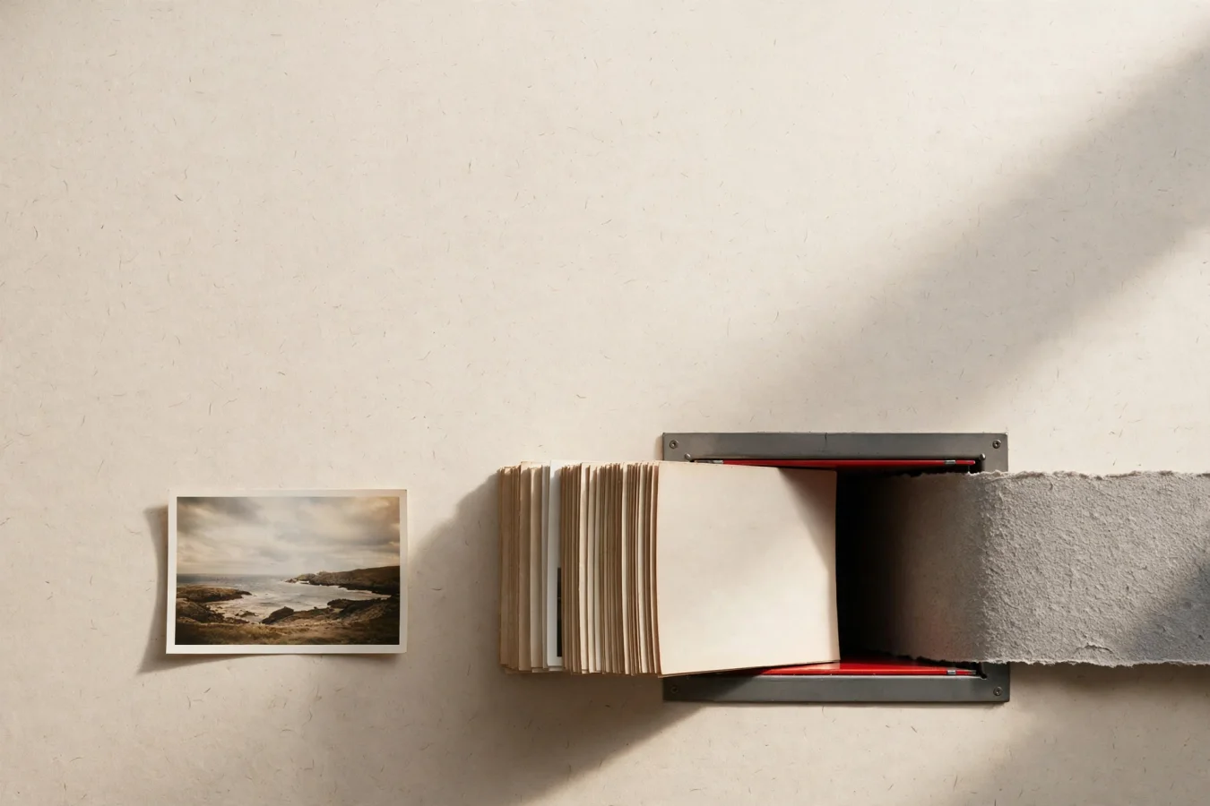 Still life of a stack of printed photographs, half fed into a small intake slot and emerging as anonymous gray pulp, with one untouched photograph set apart beside it.