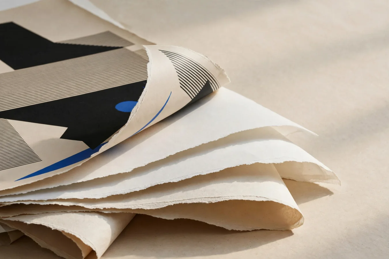 A printed poster lifted into distinct physical paper layers, the top layer peeled halfway back revealing clean paper beneath, in warm paper tones with a cobalt accent.
