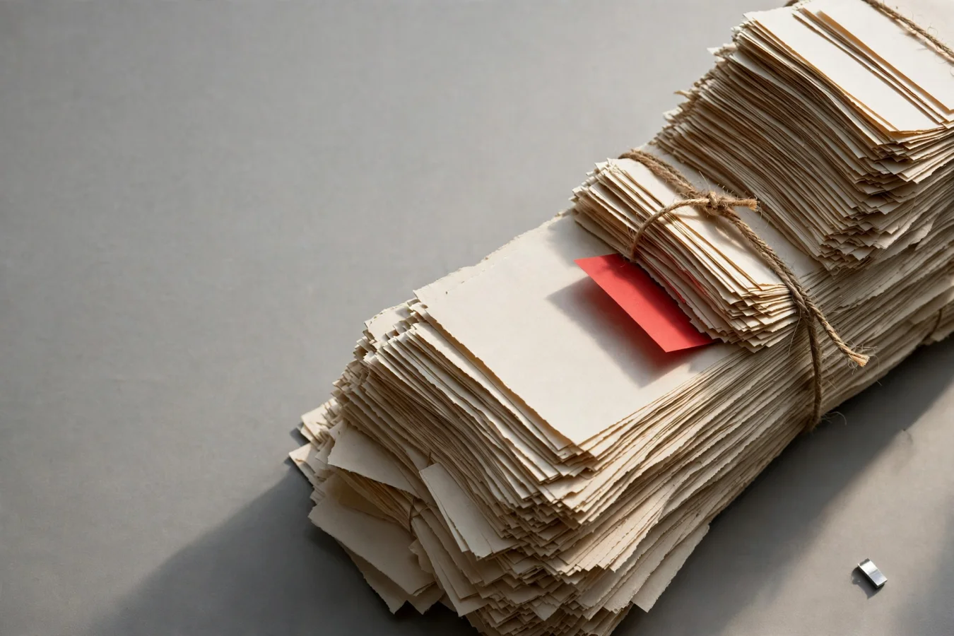 AI-generated illustration: A single small aluminum chip sits beside an enormous tower of blank white order slips tied with twine, overhead view with generous negative space.