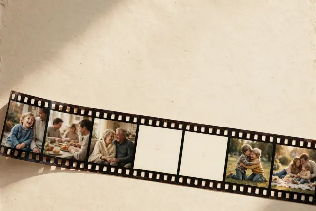 Illustrasjon: En filmstripe med hjemmevideorammer på varmt papir, der to rammer midt i stripen er tomme og hvite med et lite rødt merke – som om videoen delvis er oppdiktet.