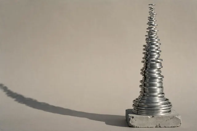 Redaksjonell illustrasjon: et høyt tårn av identiske åpne aluminiumringer på en betongfot, med en smal mørk sprek på siden. AI-generert illustrasjon.