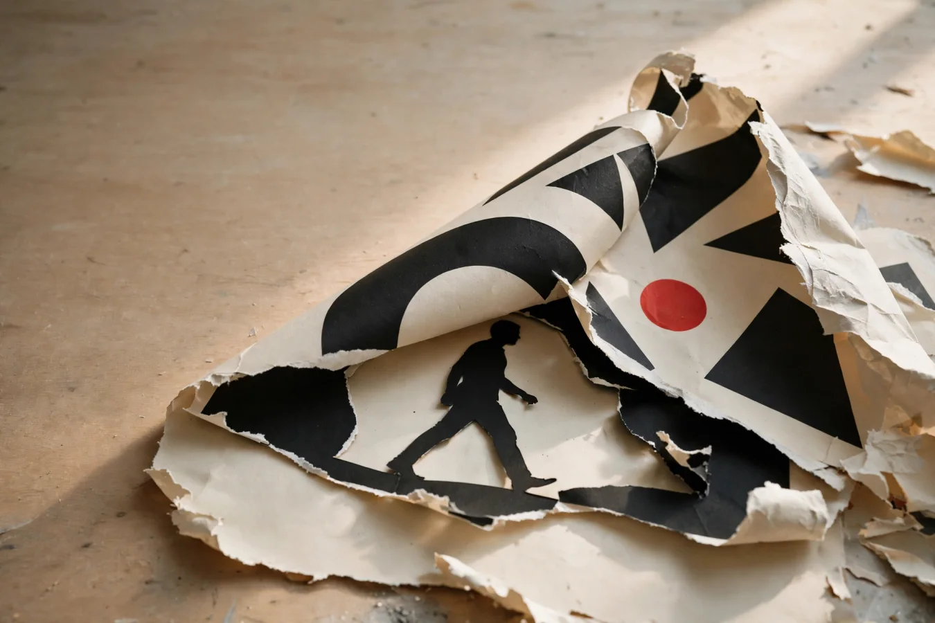 AI-generated illustration: A printed poster separating into distinct physical layers on a studio table—a graphic top sheet, a cut-out figure, a flat background—with empty space reserved for a headline.