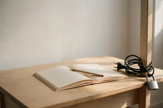 Skolepult med åpen oppgavebok og blyant, mens en svart strømledning ligger sammenrullet og koblet fra, låst fast med en hengelås i pultbenet. AI-generert illustrasjon.