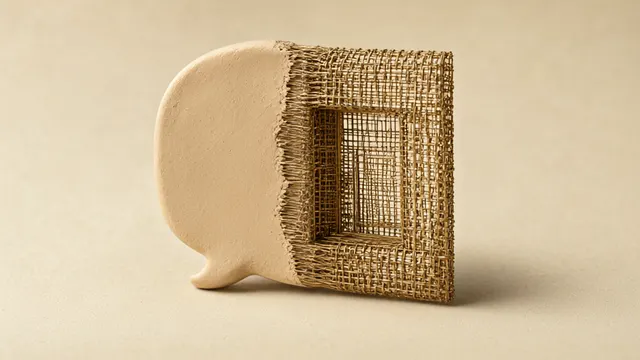Illustration: a soft chat-bubble shape dissolving into a precise woven metal lattice forming a small storefront structure, on a light background.