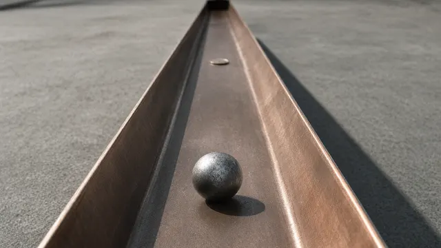 Illustration: a heavy steel ball sits at the end of a long, empty copper gutter with a single coin far in the distance – an image of a massive investment whose revenues lie years away.