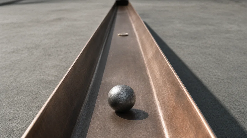 Illustration: a heavy steel ball sits at the end of a long, empty copper gutter with a single coin far in the distance – an image of a massive investment whose revenues lie years away.