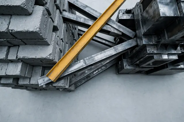 Illustration: heavy concrete blocks and steel beams feeding into a massive aluminum machine, in grays with a single acid-yellow beam.