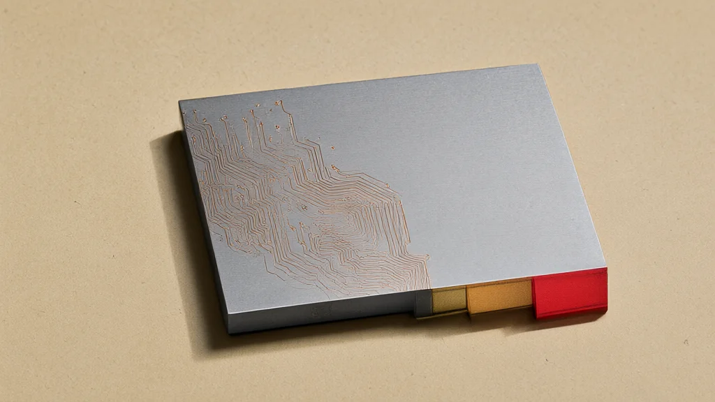 Illustration: an unfinished chip blank where fine copper traces stop abruptly, leaving half the surface untouched, with two geometric color blocks meeting at its edge.