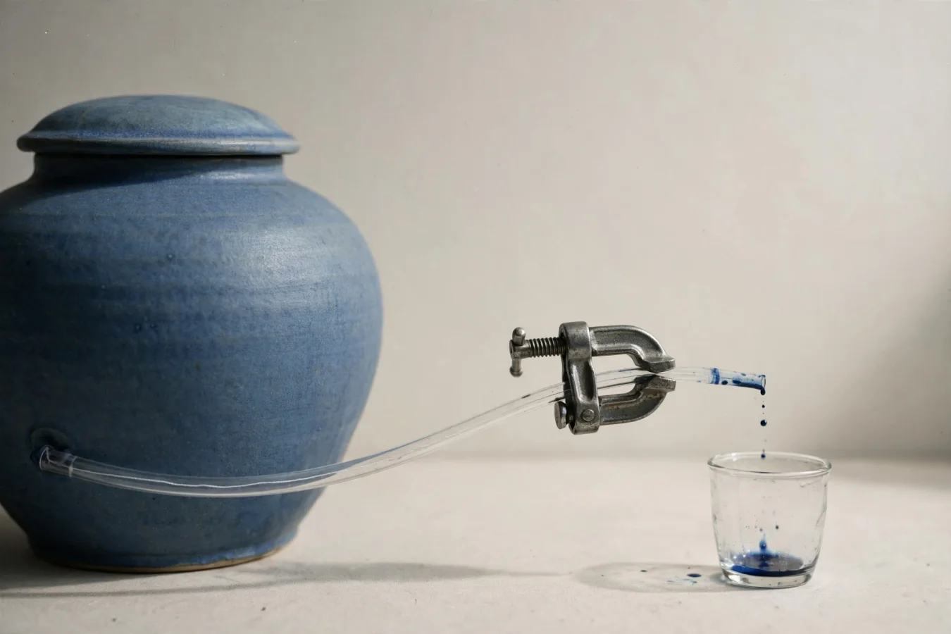 Illustration: a thin tube siphoning pigment from a sealed ceramic jar is pinched shut by a steel clamp, letting only a few drops through.