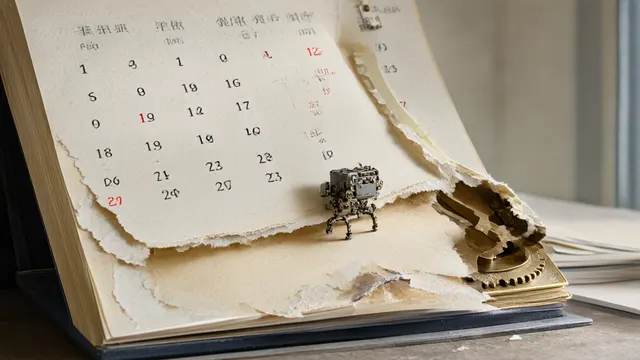 Tårevet kalender side hvor en liten mekanisk agent allerede har begynt å bevege seg – illustrasjon om utsettelse av EUs AI-forordning mens AI-agenter allerede er i produksjon.