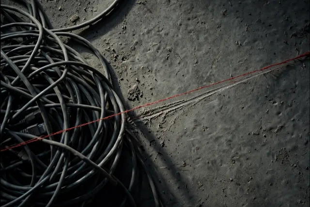 A single red thread pulled out of a tangle of dark network cables, illustrating the forensic trace of a cyberattack.