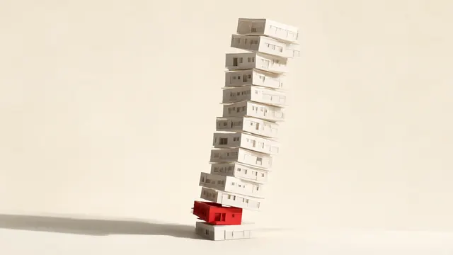 Still life of paper architectural models doubling in size up a tall, slightly leaning stack, with one red model at the base, against a cream backdrop.