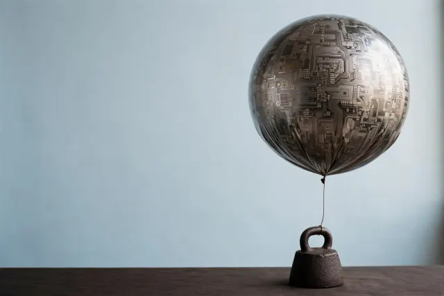 Illustration: A raw silicon wafer inflated like an overpumped balloon, taut and gleaming, tethered to a heavy cast-iron weight — an image of chip value stretched far beyond its documented reality.