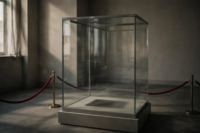 Illustration: An empty glass display case in dim gallery light, surrounded by a red velvet rope barrier, guarding something whose very existence is uncertain.
