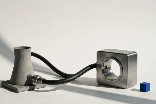 Illustration: a heavy power cable running from a small model of a nuclear plant cooling tower into an empty socket, symbolizing Google's 20-year power purchase agreement with Constellation.