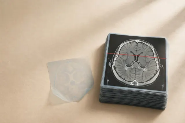 Illustrasjon: en stabel av skarpe CT-bilder av hjernen ved siden av et nesten gjennomsiktig, uferdig bilde, som symbol på at KI er moden innen diagnostikk, men tidlig i behandling.