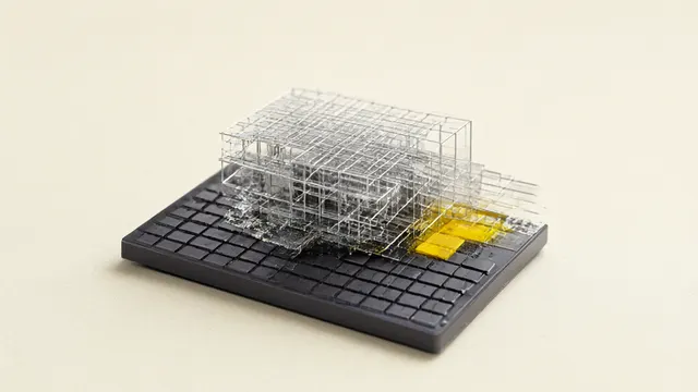Illustration: a dark computer chip merging into a three-dimensional architectural landscape of aluminum grids, in muted grays with a single yellow accent.