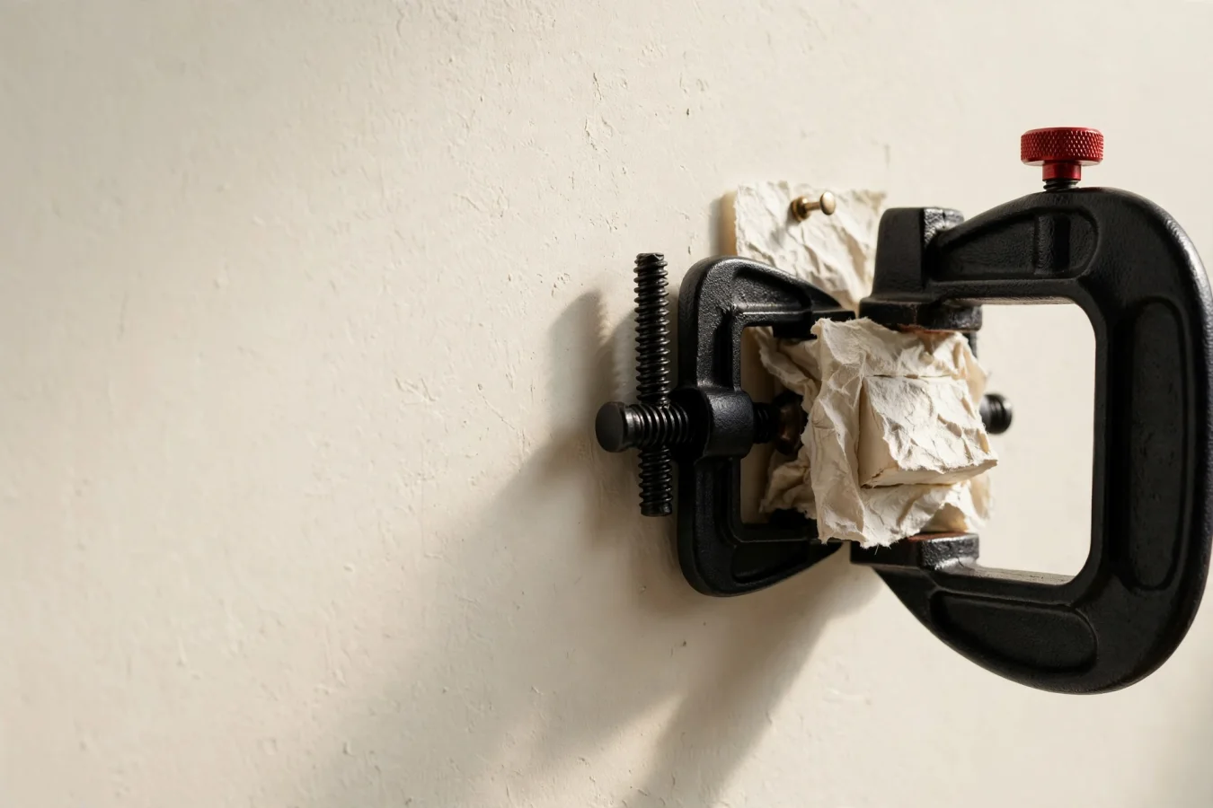 Illustration: a small paper switch squeezed between two black clamps pressing from opposite sides on a cream wall.