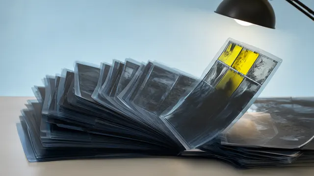 Illustration: a fan of hundreds of identical X-ray films on a table, one lifted and inspected under a lamp.