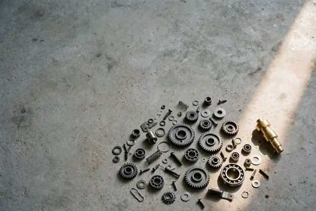 AI-generated illustration: a dismantled mechanical device lies openly spread on concrete, with one polished brass component caught in a beam of light – an image of open source becoming valuable.
