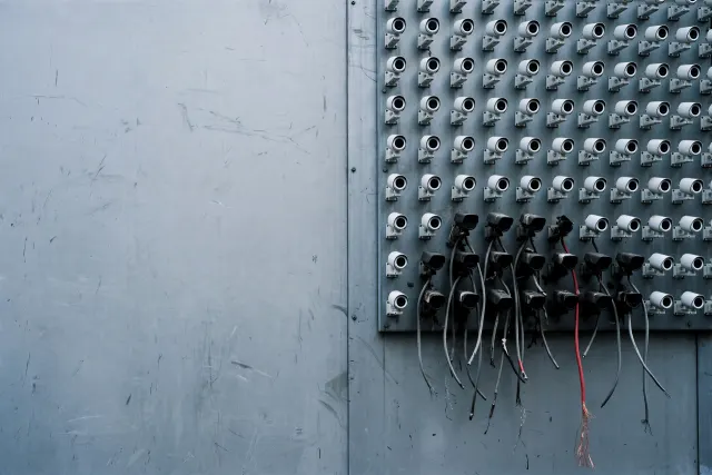 Illustration: rows of small surveillance cameras on a wall, a large share of them dark and disconnected, with one red cable standing out.