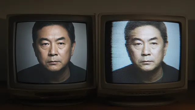 Two nearly identical portraits of the same face on vintage monitors, one dissolving into scan lines – an illustration of AI-generated video conversations that are barely distinguishable from real people.
