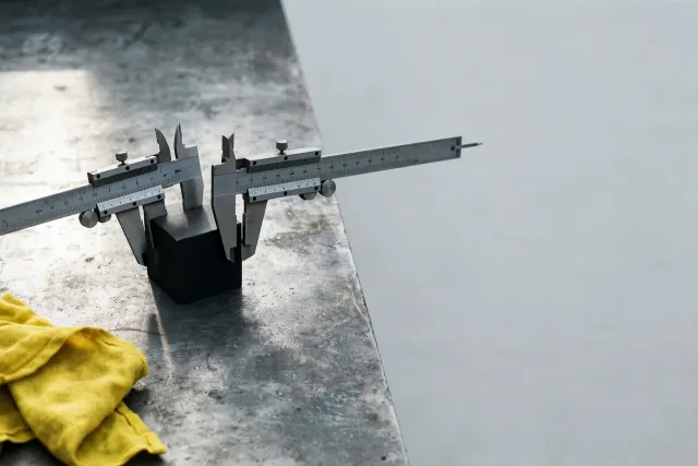 Two calipers measure the same black cube with conflicting readings — an illustration of competing security evaluations of the same AI model.