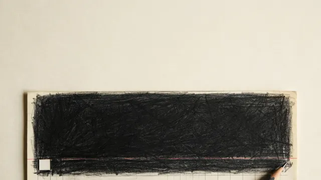 Illustration: A physics graph sheet overfilled with pencil marks until the grid has become solid black, with one small empty square left – a picture of saturated benchmarks.