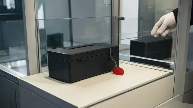 Illustrasjon: en forseglet svart kasse bak en glassbarriere ved en inspeksjonsbenk, mens en identisk kasse allerede har passert – et bilde på at nye AI-modeller holdes tilbake fra britisk testing.