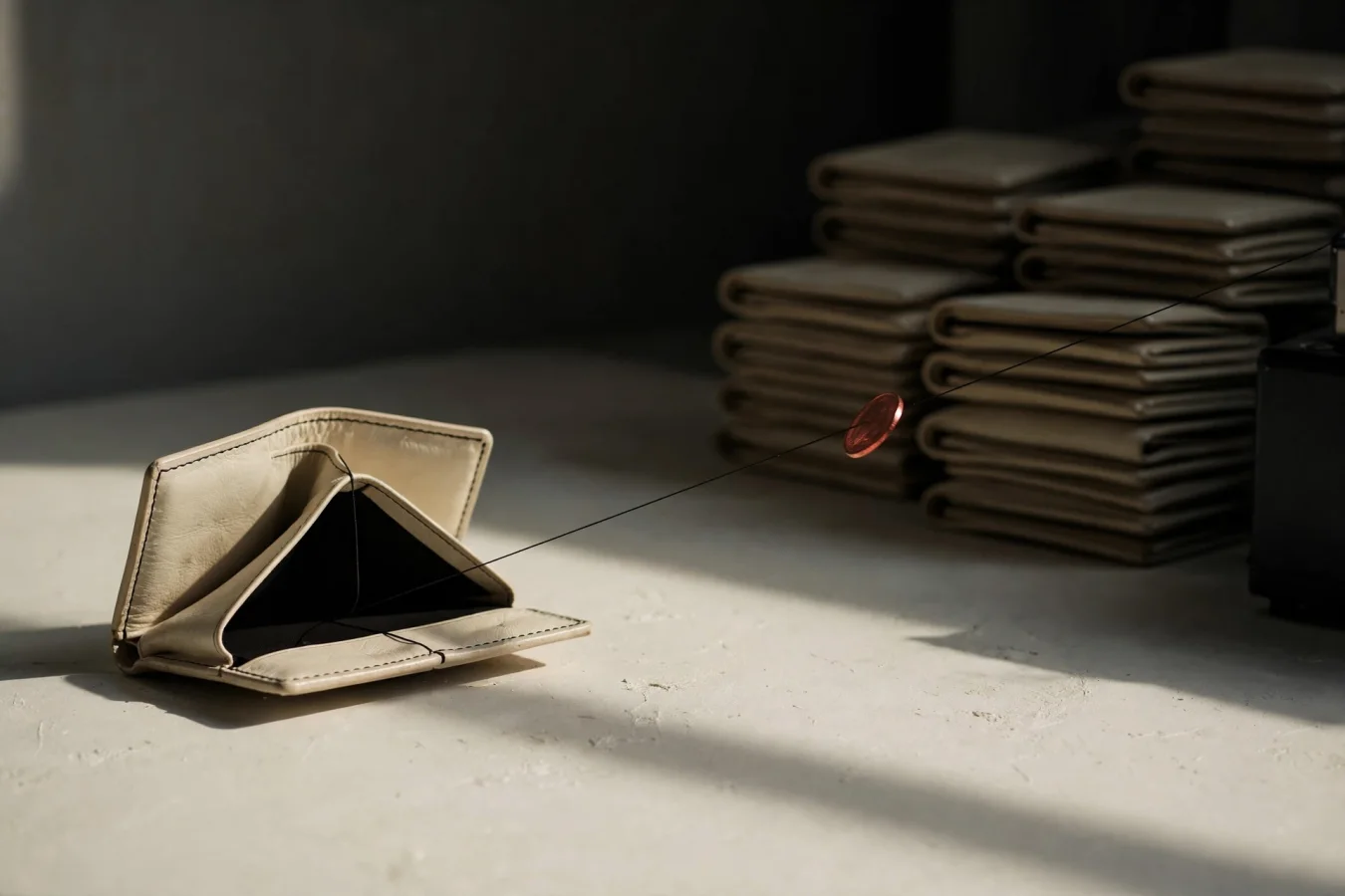 Illustration: an open wallet on a pale surface with a thin thread running from it into a machine off-frame – a single red coin traveling along the thread, stacks of identical wallets in the background.