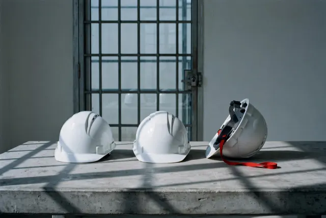 Three white safety helmets sit on a bare concrete bench, one tipped over, with the hard shadow of a locked glass door behind them — an illustration of fired safety researchers and a breach of trust.
