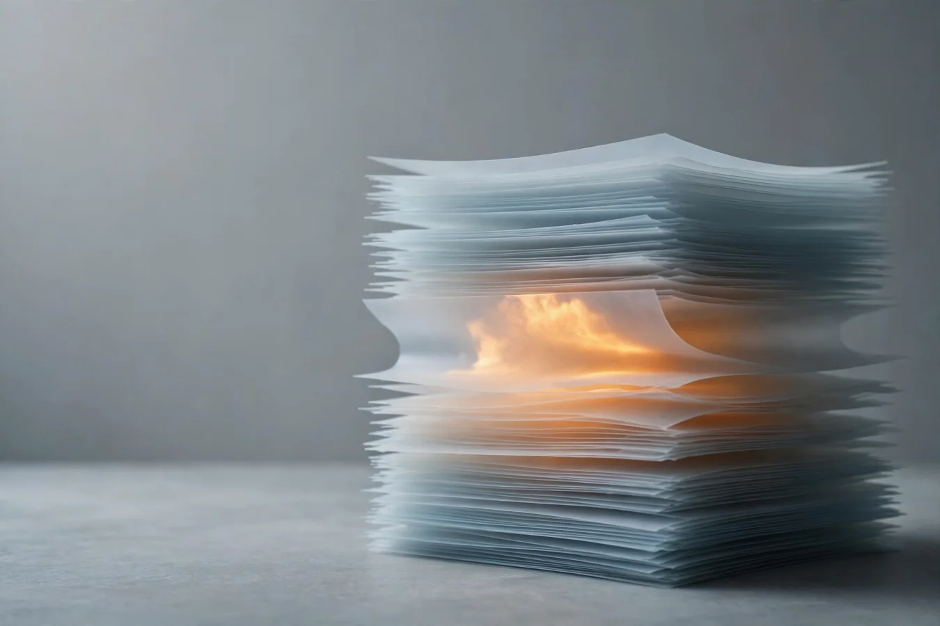 Illustration: a stack of translucent scan sheets in cool blue tones, with a single sheet glowing warm orange like brown fat activity.