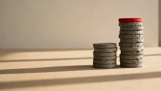 Illustrasjon: To stablemer av identiske betongbrikker der den høyere stabelen toppes av én rød brikke, en visuell fremstilling av konkurranse om markedsandeler i enterprise-AI.