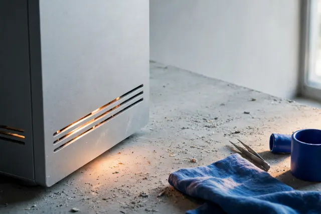 Illustration: a compact aluminum desktop computer on a concrete desk emits a faint warm glow lighting the room around it.