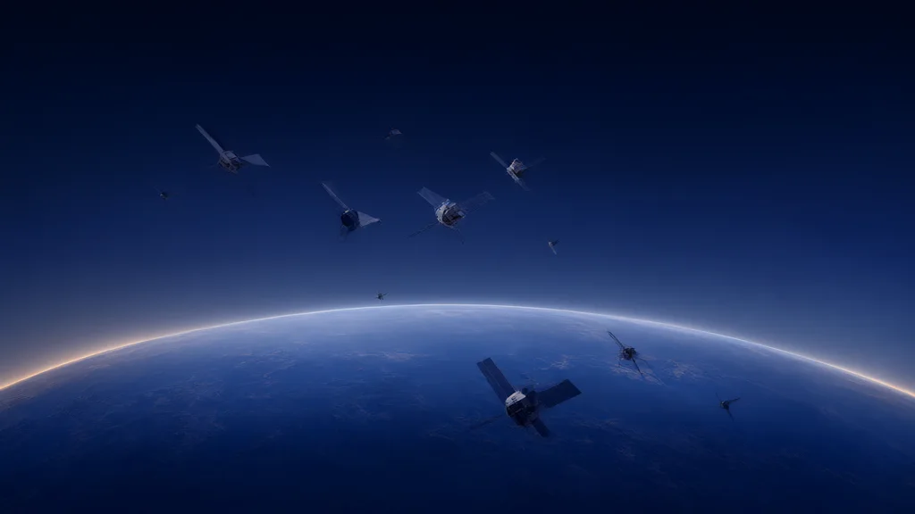 Illustration of a modular data centre with solar panels in orbit above Earth.