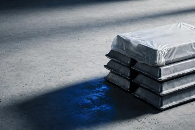 Illustration: a stack of heavy steel ingots on concrete with one ingot wrapped in frosted plastic – a metaphor for an upcoming bond sale with undisclosed use of proceeds.