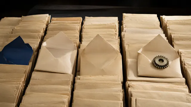 Illustration: stacks of sealed envelopes on a desk, a few torn open, one holding a small machine part — a metaphor for long-unsolved math problems finally cracked by machine-checked proofs.