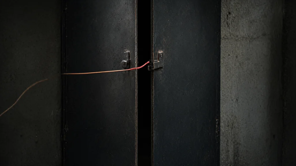 Illustration: a heavy black steel gate left ajar in a concrete wall, a single copper wire passing through the gap — a metaphor for a security model behind a controlled gateway.