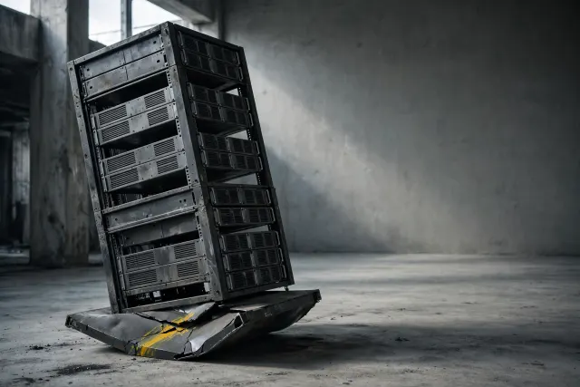 Illustrasjon: et høyt, skjevt tårn av mørke metallserverrack som begynner å bøye og sprekke i en betonghall – bilde på økonomisk distresse.