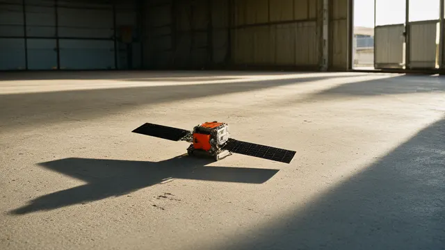 Illustration: A compact satellite prototype with a solar-panel wing rests on a concrete hangar floor, a long morning shadow stretching toward open hangar doors.