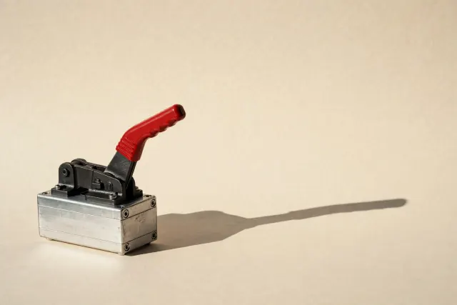 Illustration: A black steel industrial emergency-stop lever with a red grip, mounted on an aluminum housing against a cream background.
