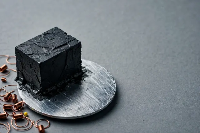 Illustrasjon: En sammenhengende mørk silisiumblokk sveiset fast på en metallplate, omgitt av korte, tett sammenrullede kobbertråder – et bilde på beregning som blir værende i stedet for å flytte data.