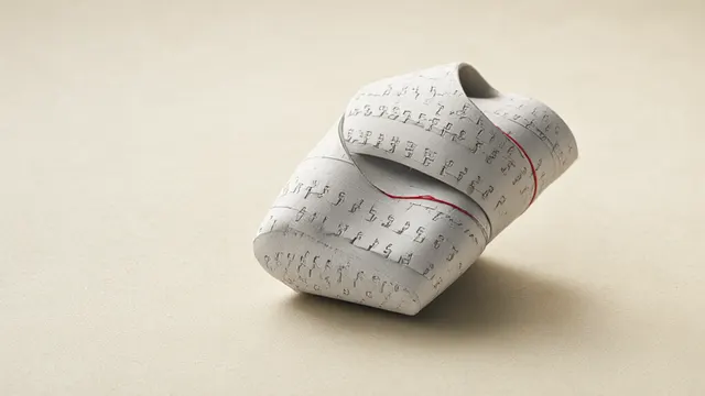 Illustration: a sculptural protein model folded from white ribbons with a faint pattern woven into its surface, on a warm paper background with one thin red thread traced through the fold.