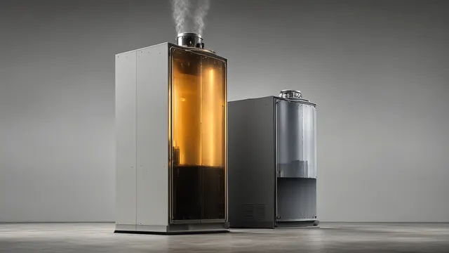 Illustration: Two industrial processor towers side by side, the taller, warmly lit one representing higher throughput in a chip performance comparison.