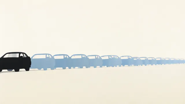 Illustration: a long row of identical pale-blue car silhouettes fading into empty paper, evoking a planned fleet that does not yet exist.