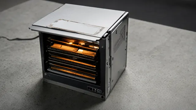 Illustration: a small aluminum desktop computer box sits on concrete with its lid ajar, revealing densely stacked memory modules glowing warm amber inside.